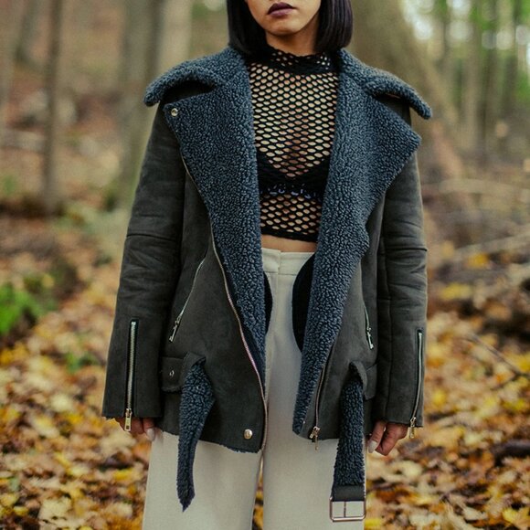 Olive Green Shearling Women's Jacket - Picture 7 of 7